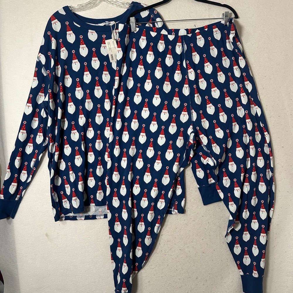 The Company Store Santa Organic Cotton Pajama Set XXL Blue Christmas PJs New